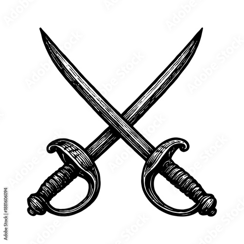 Crossed sabers illustration: elegant vintage sword design on white background.