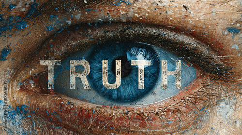 Close-up of a human eye with vibrant blue iris, surrounded by textured paint splashes, featuring the word 'TRUTH' artistically integrated into the composition, evoking deep emotion and thought