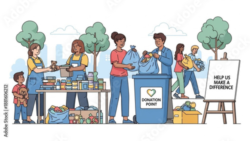 People donating food and clothes at a charity collection point community support for a good cause illustration for social awareness