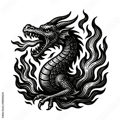Fierce mythical dragon breathing fire with flames in black ink style.