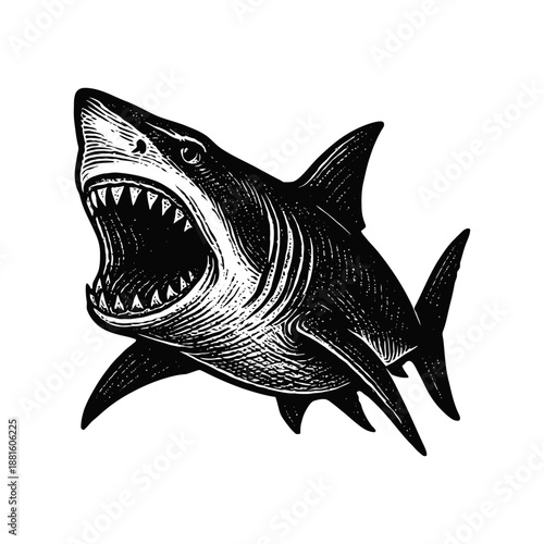Detailed black and white illustration of a menacing great white shark with open jaws.