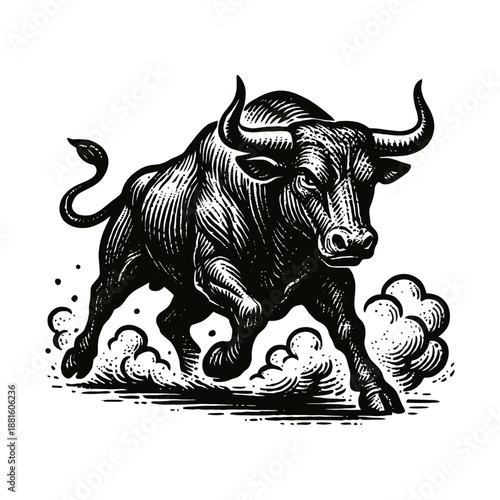 Dynamic black and white illustration of charging bull with dust motif.