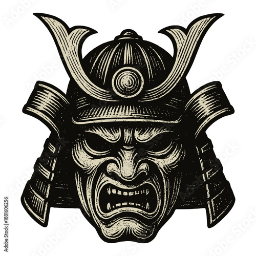 Intricate samurai mask illustration with traditional armor elements.