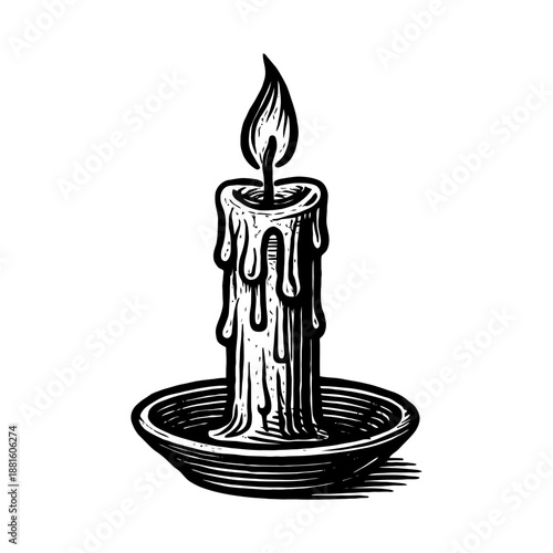 Vintage melting candle illustration: detailed black and white drawing in holder.