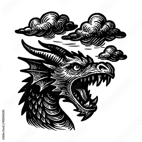 Fierce dragon head with clouds in vintage woodcut style.