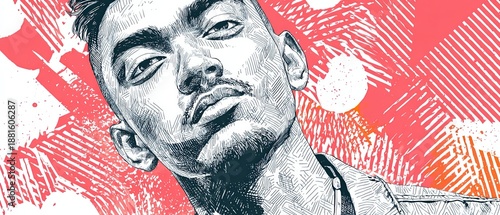 Wallpaper Mural Young man with mustache, looking up, graphic abstract background, urban style portrait Torontodigital.ca