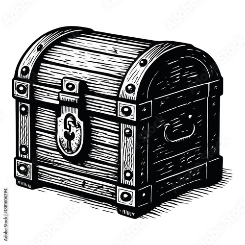 Vintage wooden treasure chest with metal accents and detailed carvings.