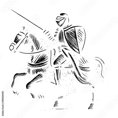 Medieval knight with lance and shield on horseback illustration.
