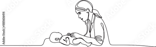 One single line drawing of young female pediatric doctor examining baby health condition and check the heart beat.one line vector illustration with out background