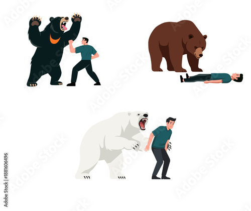 Flat vector illustration explaining the well-known bear safety rule: “If it’s black, fight back; if it’s brown, lay down; if it’s white, good night.” The artwork shows three different bear encounters 