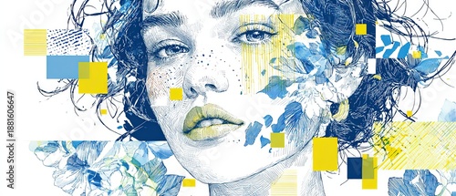 Woman face with abstract floral and geometric elements, blue and yellow color palette, artistic portrait Concept of beauty, creativity, and modern art