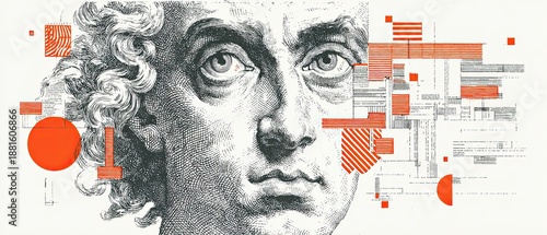 Classical sculpture face with abstract geometric patterns and data visualization, concept of art and technology fusion