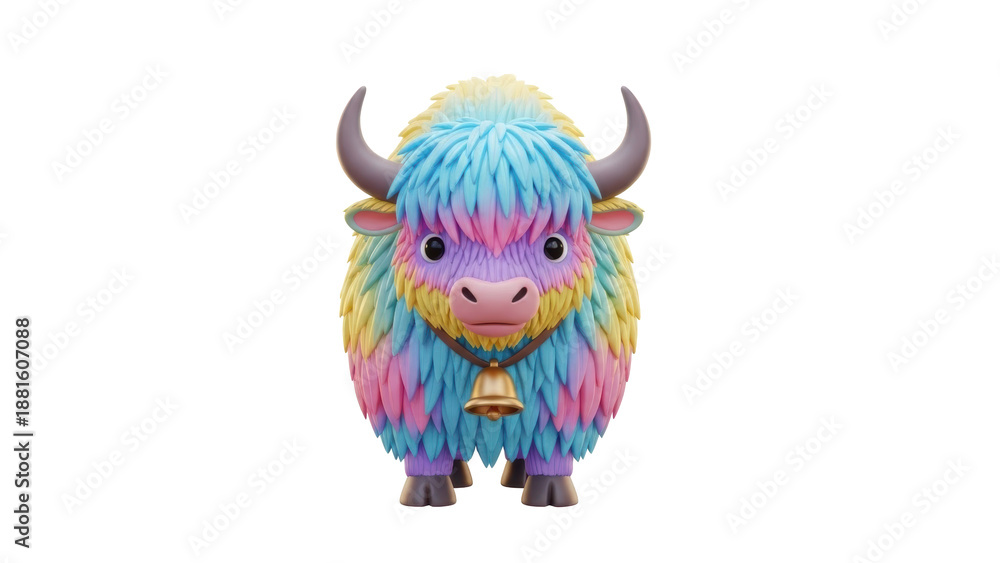 Naklejka premium Vibrant yak with multicolored fur standing in isolation on a plain background viewed from the front