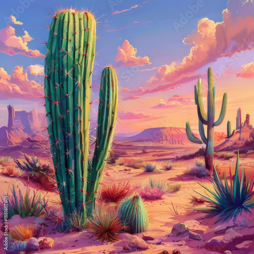 Vibrant desert landscape featuring tall cacti under a colorful sky at sunset