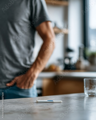 Pregnancy test on kitchen countertop in focus, man walking away blurred in background. Negative pregnancy test concept, fertility stress at home, indoor daylight, copy space