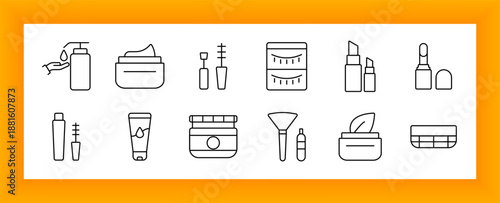 Cosmetic product set icon. Dispensers, creams, brushes, mascaras, lipsticks, eye patches, and natural packaging drawn in outline style to show skincare, makeup, and beauty tools.