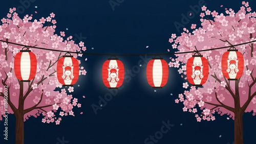 Japanese Lanterns Hanging between Cherry Blossom Trees at Night