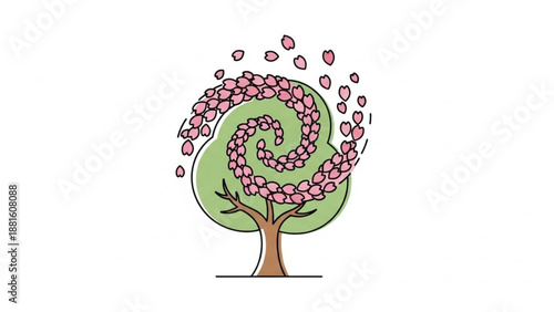 Pink Flowering Tree with Swirling Petals on White Background