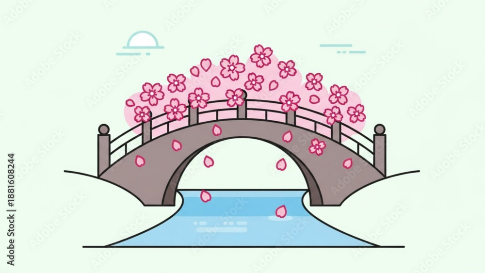 Obraz premium Pink Cherry Blossom Bridge over Blue River in Spring