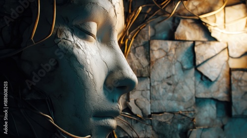 Close up of an antique woman face sculpture with cracked stone texture. Old weathered art statue with glowing wire elements. Abstract background.