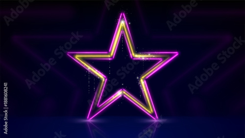 Golden magenta neon star, glowing led stars. Stage. Blue background for awards ceremony. Gold magenta glitter neon star. Stage light, backdrop for displaying products. Copy space, paste. Vector