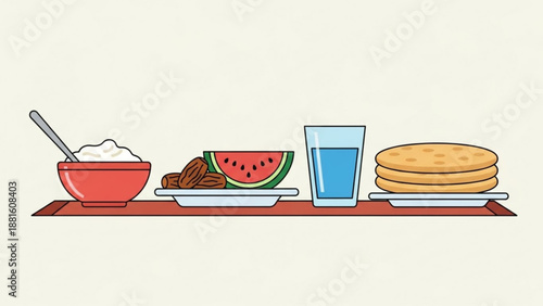 Breakfast Meal with Pancakes, Water, Watermelon and Porridge on Red Tablecloth