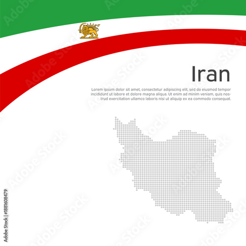 Waving flag of iran lion and sun. Protest, riot, revolution. Iranian patriotic banner. Mosaic map. Background for patriotic protest poster, flyer, card. Iran national booklet. Vector flat design