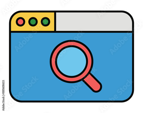 Digital browser window with magnifying glass symbolizing search and discovery