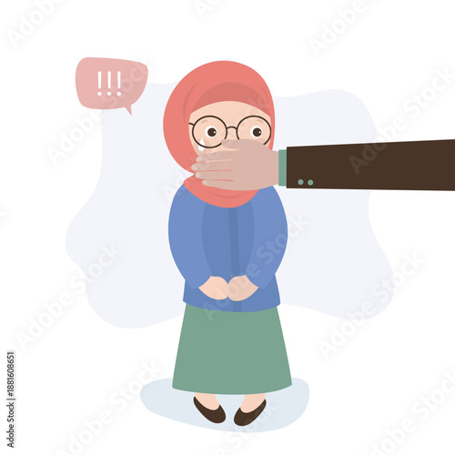 Scared young arabic girl with adult man's hand covering mouth. Innocent muslim children, women victims aggression. Crying arab little child. Domestic violence