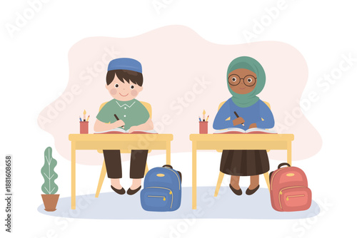 Happy Arab schoolboy and schoolgirl sitting at desk studying. Kids gain knowledge in classroom, education. Smart muslim students, classmates
