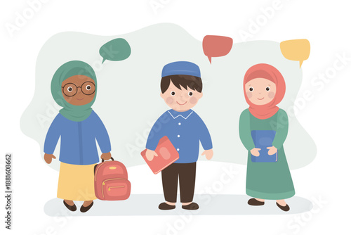 Group of arabic students characters. Muslim boy and girl kids talking. Classmates, friend, islamic characters.