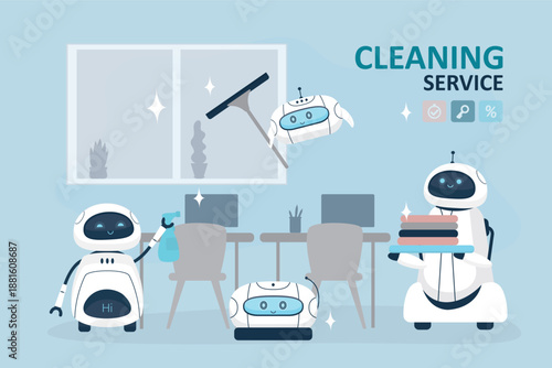Automated helpers cleaning room, carrying laundry. Smart ai machines or appliance for business people. Group of robot janitors washing windows and furniture.