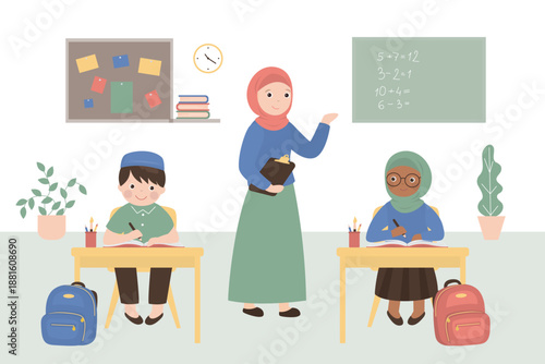 School lesson. Little arabic students and teacher. Classroom interior with furniture. Arab schoolboy and schoolgirl sitting at desk studying. Education, smart muslim students