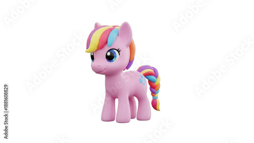 A small pink toy pony with a rainbow mane and tail standing on a plain white surface viewed from the side