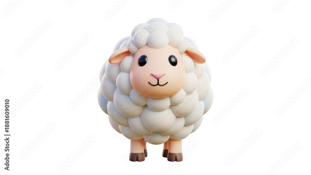 Obraz premium A cartoon sheep with a fluffy coat stands on a transparent background viewed from the front