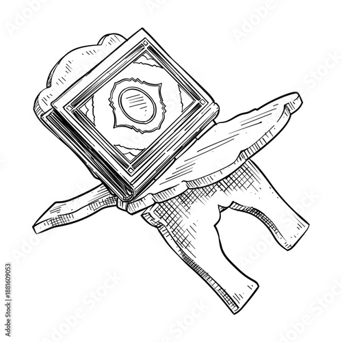 quran on wooden stand vector line art hand drawn illustration