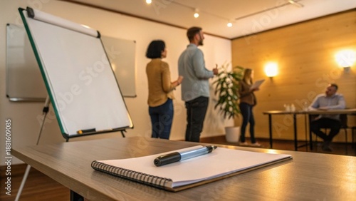A flip chart, marker, and notepad with colleagues giving a casual business presentation