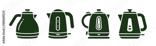 Solid color electric kettle with four distinct designs, vector illustration of kitchen appliances, stylish home icon, suitable for culinary branding, menu design, and professional creative graphics.