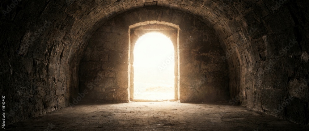 Fototapeta premium Bright Light Shining Through an Arched Doorway in a Dark Stone Tunnel.