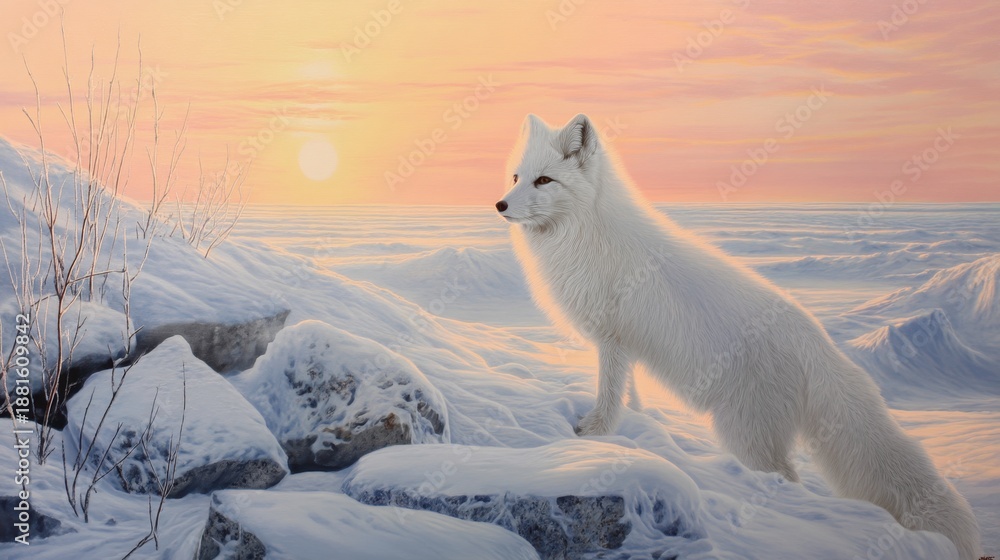 Fototapeta premium White arctic fox standing in snowy winter landscape at sunrise or sunset. Wildlife and animal survival in cold arctic environments.