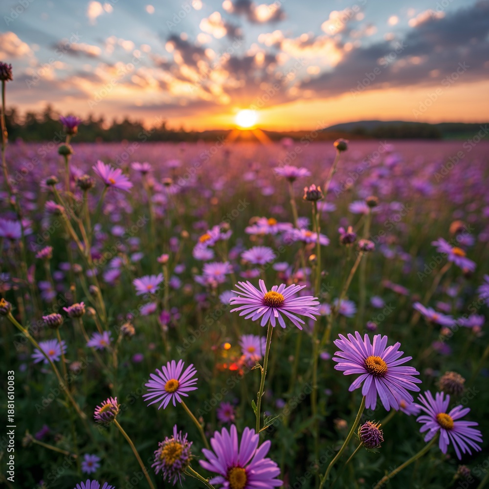 Obraz premium A stunning photorealistic closeup captures the vibrant purple flowers bathed in the warm, golden light of a breathtaking sunset over a vast meadow, evoking a serene and cinematic natural landscape