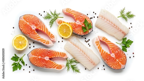 Assortment of fresh seafood cuts with vibrant garnishes on white surface