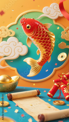 3D Rendered Festive Chinese New Year Scene with Two Koi Fish, Auspicious Clouds, Gold Ingots, Firecrackers and Scroll, Symbolizing Wealth and Good Fortune