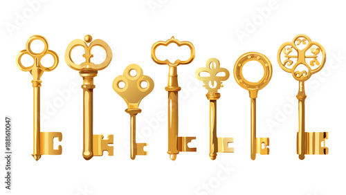 Gold coated realistic keys set with luxury designs. Vector vintage metal devices with notched blade. Various shapes and sizes of passkey collection. Simple retro design of golden lockpicks