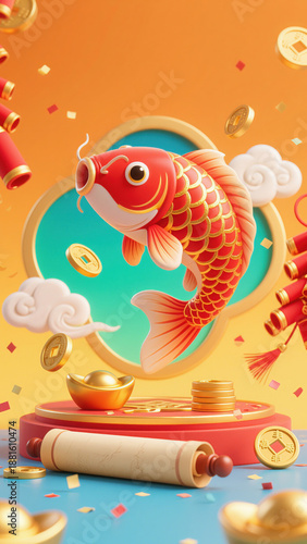 3D Rendered Festive Chinese New Year Scene with Two Koi Fish, Auspicious Clouds, Gold Ingots, Firecrackers and Scroll, Symbolizing Wealth and Good Fortune