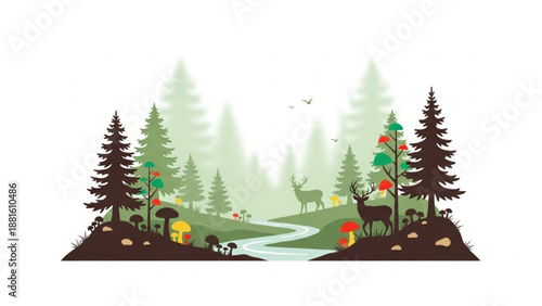 Serene forest landscape with deer trees and stream evoking calmness and connection to nature's beauty