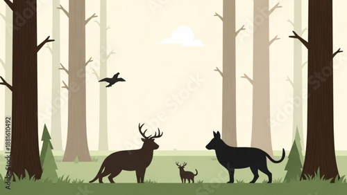 Forest scene with deer dog and fawn in woodland landscape with trees and grassy field wildlife illustration