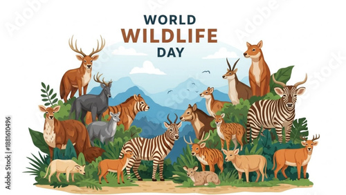 World wildlife day illustration with diverse animals and plants in natural habitat