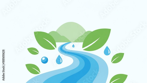 Winding blue river stream with green leaves and water droplets on white background symbolizing nature and ecology