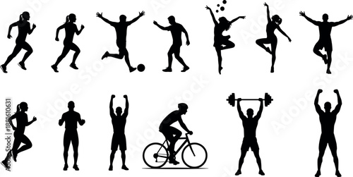 Black silhouette set of athletes running, cycling, weightlifting, dancing, and playing soccer isolated on white background for sports. (Exactly 18 words)